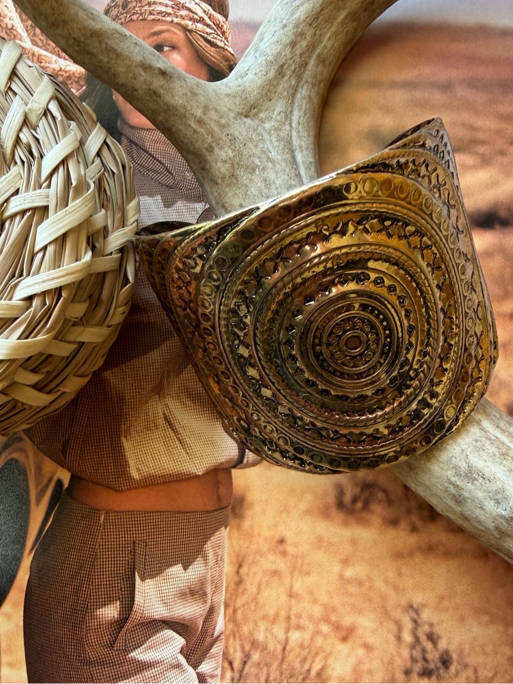 Gold Tone Embossed Shield Cuff Bracelet Concentric Circle Boho Statement